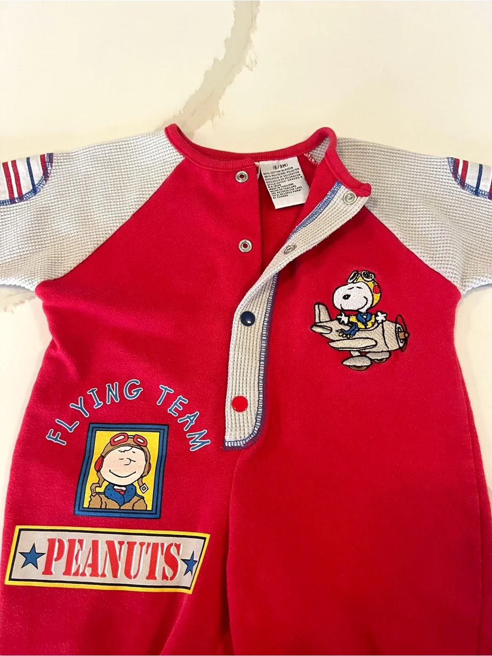 Vintage 80's/90's Peanuts Snoopy Flying Team Baby Romper 6-9M Red Flying Ace